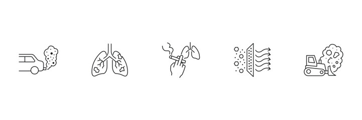Air pollution icon set featuring car exhaust lungs damage smoking effects air filter and construction dust vector illustration for environment. © Prosenjit
