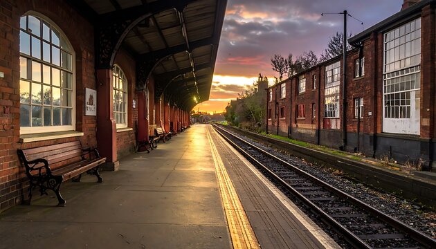 A serene train station at sunset with empty platform