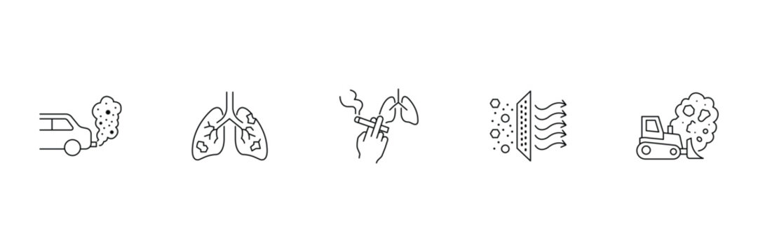 Air pollution icon set featuring car exhaust lungs damage smoking effects air filter and construction dust vector illustration for environment.