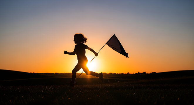 Child Running with Flag Joyful Freedom Scene