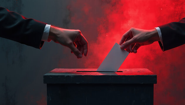 Two hands cast ballots into a box under red smoke. One person drops paper, another inserts vote. Election integrity risk, political manipulation, or digital interference theme.
