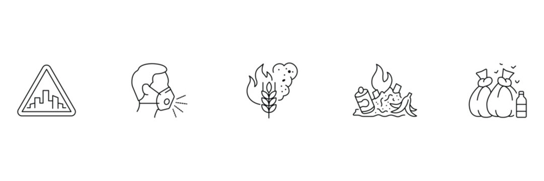 Air pollution icon set featuring city smog warning face mask crop burning waste incineration and garbage bags vector illustration for environment.