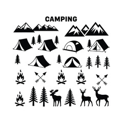 Fototapeta premium Camping Icons with Mountains Trees Animals and Campfires Keywords: camping, tent, campfire
