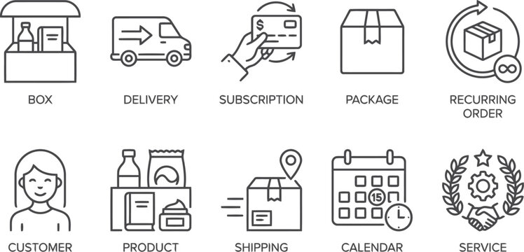 Set of ecommerce service icons including delivery, subscription, and shipping