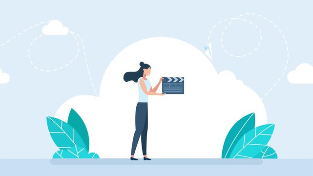 Filmmaking in motion. Making films clips for cinema production industry. Woman holding a take board. Ready for action. Woman holds a film clapperboard. Director with clapperboard. 2d flat animation
