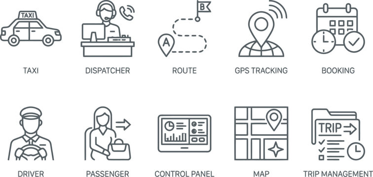 set of ride sharing service outline icons