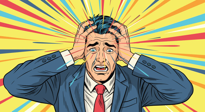 Businessman in a suit clutches his head as colorful rays burst from his eyes representing a severe headache or intense mental overload.