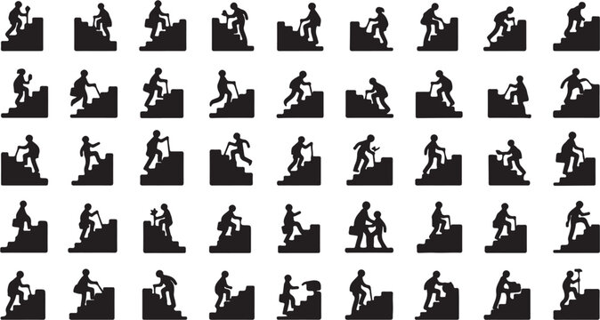 Silhouettes of people climbing stairs and hills depicting effort and progress.