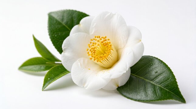 White camellia sinensis flower with green tea leaves and yellow pollen isolated on white background