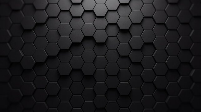 Dark 3D black hexagon relief pattern wall background with dramatic lighting and texture