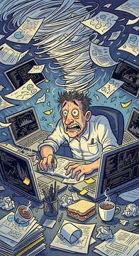 Overwhelmed Office Worker Drowning in Paperwork and Technology.