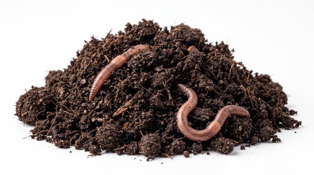 Rich, organic compost and peat moss soil pile containing two earthworms, isolated on a white background for gardening