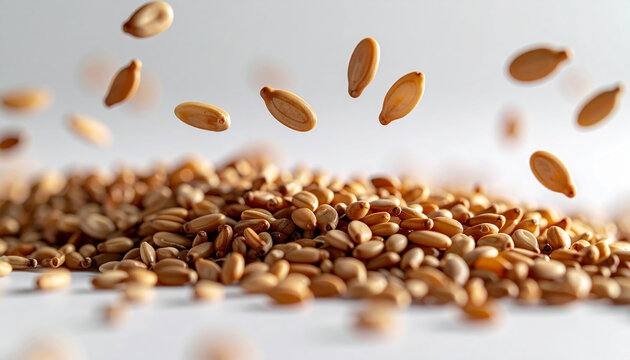 Pile of falling wheat grains with a white background and shallow depth of field