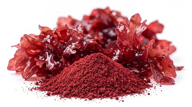 Astaxanthin Red Algae Powder and Seaweed Extract on White Background