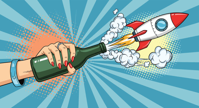 Creative concept of a rocket launching from a green bottle held by a female hand against a blue pop art background with radial rays.