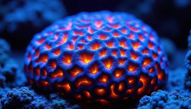 Brain coral glows vibrant orange and blue under blacklight. Intricate marine patterns are visible in the deep sea environment. This aquatic organism creates beautiful natural textures and colors.