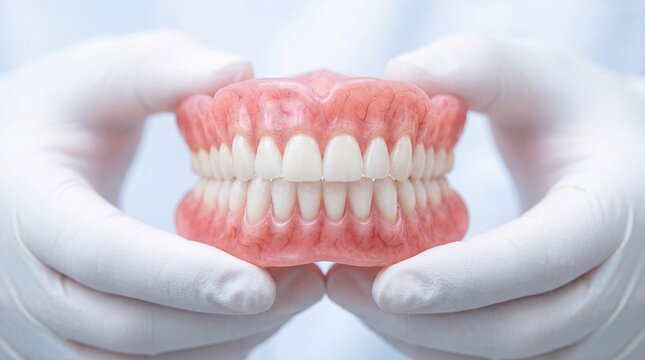 Maxillary and mandibular complete dentures held by dentist's gloved hands