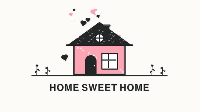Pink Minimalist House Animation with Floating Hearts and Home Sweet Home Text for Real Estate and Family Concepts