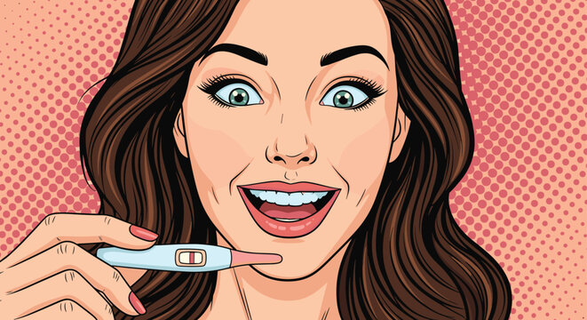 Surprised and happy woman with wide eyes and an open mouth holding a positive pregnancy test strip in a comic pop art style illustration.