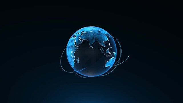 Futuristic digital Earth data networks, global connectivity information world Lines. Network Data Transfer AI Technology, 5G, Satellite Internet Connectivity, Big Data World Animation. Crypto Exchange