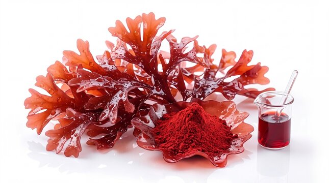 Astaxanthin Red Algae Powder and Seaweed Extract on White Background