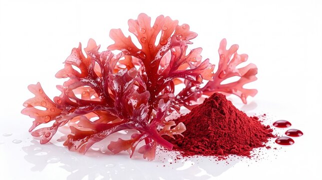 Astaxanthin Red Algae Powder and Seaweed Extract on White Background