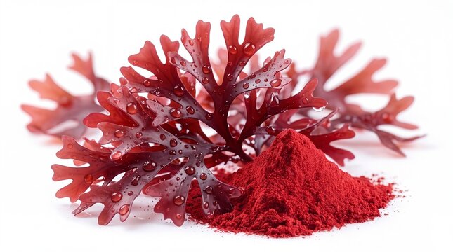 Astaxanthin Red Algae Powder and Seaweed Extract on White Background