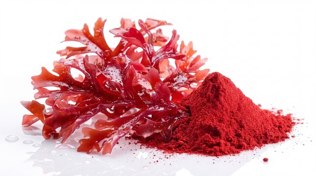 Astaxanthin Red Algae Powder and Seaweed Extract on White Background