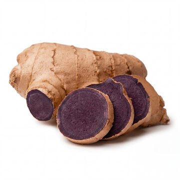 Fresh black galingale or Kaempferia parviflora with sliced purple roots isolated on white background