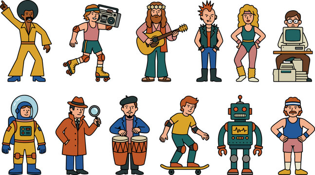 Set of diverse cartoon characters representing different historical eras and styles