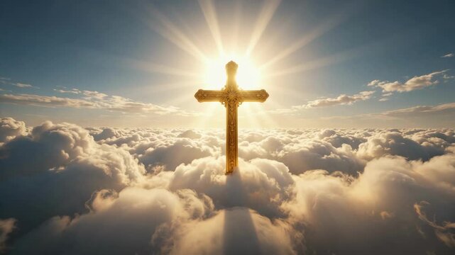 Glowing Cross Rising Through Dramatic Clouds at Sunrise Symbolizing Hope and Faith