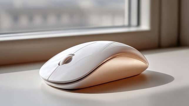 Elegant White and Gold Computer Mouse on a Windowsill with Natural Light Enhancing Its Modern Design and Smooth Curves for a Stylish Workspace