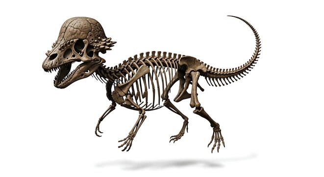 Detailed reconstruction of a Pachycephalosaurus dinosaur skeleton, showcasing its distinctive dome-shaped skull and robust bone structure on a white background.