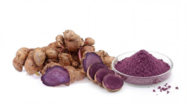 Kaempferia parviflora with purple slices and herbal powder in glass dish