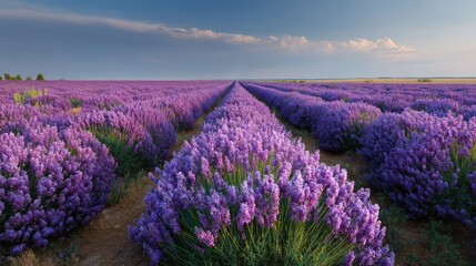 Obraz premium Lush Lavender Fields Stretching to the Horizon Under a Clear Blue Sky, Capturing the Beauty of Nature in Blooming Floral Splendor