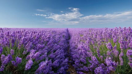 Obraz premium Vast Lavender Field Under Clear Blue Sky with Soft Clouds in Background, Capturing the Beauty of Nature and Tranquility in Vibrant Purple Hues