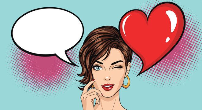 Beautiful young woman winking her eye next to empty speech bubble and red heart in colorful pop art comic book style.