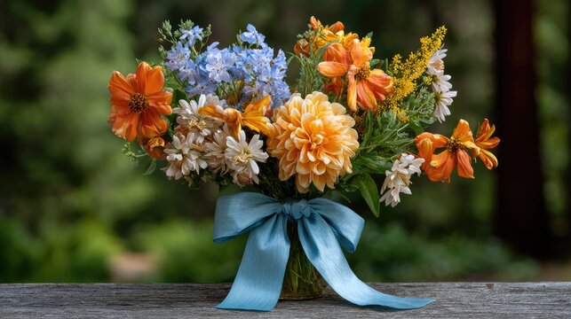 Vibrant Floral Arrangement with Orange, Yellow, and Blue Blooms Adorned with a Blue Ribbon on a Rustic Wooden Table Surrounded by Lush Greenery