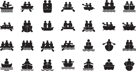 Obraz premium Collection of various boat and rowing icons in black and white.