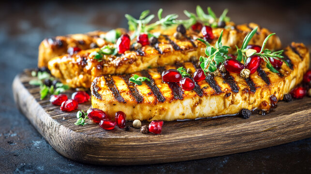 Grilled steak with pomegranate seeds and fresh herbs on wooden board medium rare pomegranate