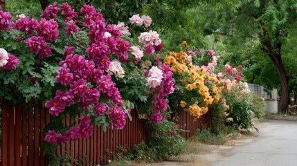 Naklejka premium Vibrant Flowering Bushes Along a Rustic Wooden Fence in Full Bloom on a Sunlit Pathway Surrounded by Lush Green Foliage and Natural Beauty