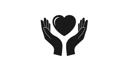 Fototapeta premium Black Silhouette of Hands Cupping a Heart Icon on White Background
