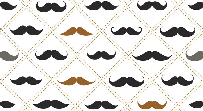 Seamless pattern of various mustache styles on a diamond grid background creates a fun and vintage theme for men's grooming.