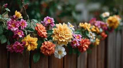 Fototapeta premium Colorful Flower Arrangement on Wooden Fence Surrounded by Lush Greenery in a Bright and Inviting Garden Setting