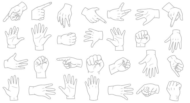 Collection of Hand Gestures, Line Art - Pointing, Fist, Open Hand, Waving