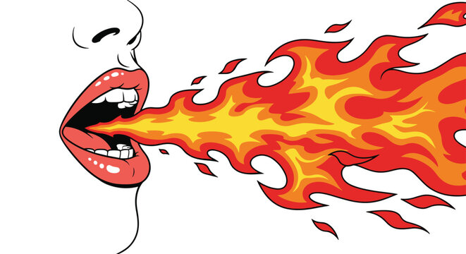 Side profile of an open mouth breathing a huge trail of hot red and yellow fire in a bold comic book illustration style.