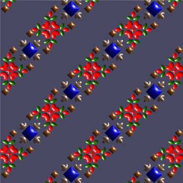3D Glossy Folk Embroidery Seamless Pattern on Dark Slate Blue Background