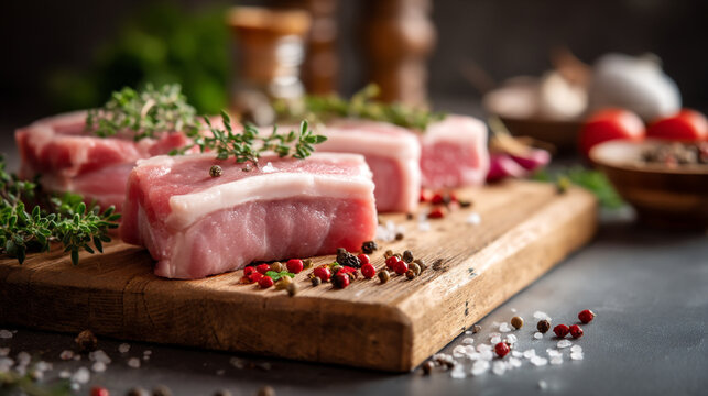 Raw pork ribs seasoned with fresh herbs and spices on wooden cutting board raw meat seasoned