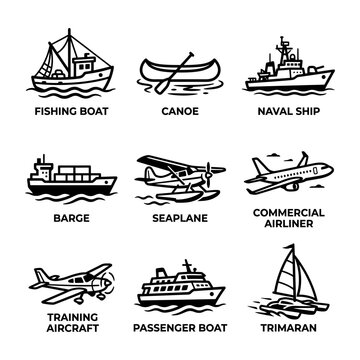 Various watercraft and aircraft illustrations in a single graphic composition