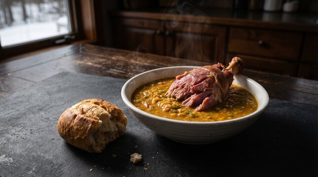 Canadian Food Split Pea Soup with Ham Hock, Crusty Bread Roll, Canadian Winte